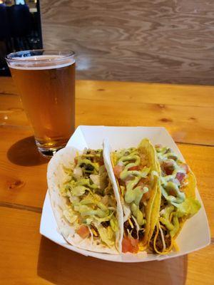 2 ground beef hard tacos, 1 chicken soft taco, and a Kona Big Wave.