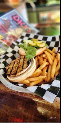 Veggie burger and fries