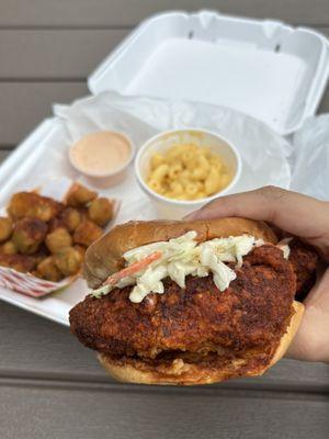 Chicken Tender Sandwich (Spark Plug) with Green Chili Mac & Cheese and Pepperfire Okra.