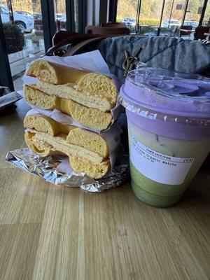 Egg and Cheese on Egg Bagel and Ube Cream Matcha