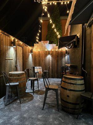 The back patio has uncovered seating, weather permitting (or not, if you're adventurous).