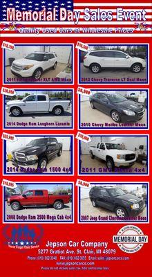 Memorial Day Sales Event going on now. All vehicles on sale with 1 year powertrain warranty. Stop in today to get a great deal on your next