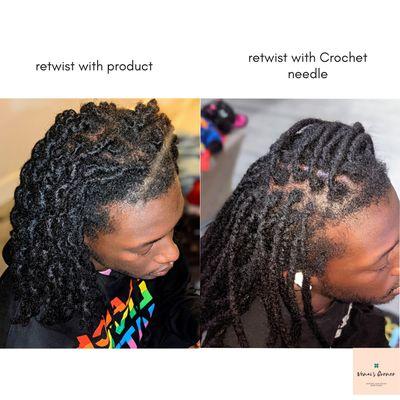 Crochet Retwist: Root Maintenance encourages Healthy Scalp, offers Longevity of Maintenance. In the long run this method back time to Client
