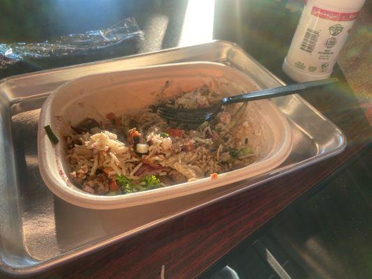 Turkish bowl with lamb. Very good. Many vegetables and crispy lamb from the spit.