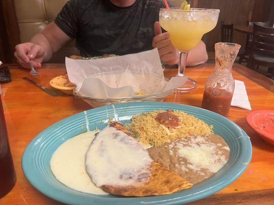 Cheese quesadilla with rice and beans