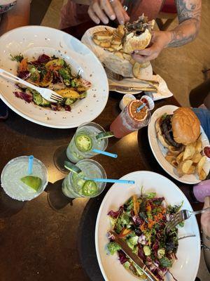 Salad, Philly cheesesteak, and potato burger
