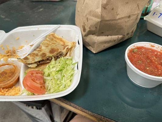 Steak quesadilla, chips, homemade large salsa