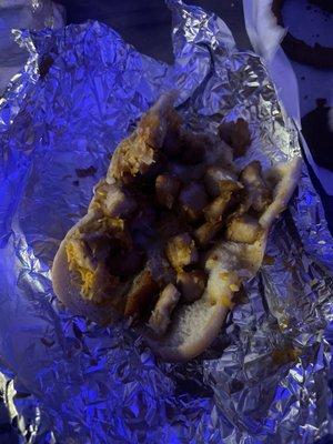 Ordered the bacon cheesesteak, got some bullshit chicken cubes and shredded cheese from a bag. Fuck this place never ordering again