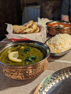 Palak Paneer, Naan, Rice, and Lamb Vindaloo
