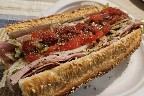 Homemade Hoagie made with MammaMia's Prosciutto Cotto, Salami (Finocchiona), Capocollo, and Caciocavallo