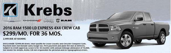 2016 Ram 1500 LD Express 4x4 Crew Cab $299 a month for 36 months.  $2999 due at signing