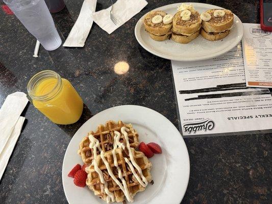 Featured is the "Sticky Icky" and the French Toast "stuffed" with peanut butter and topped with bananas.