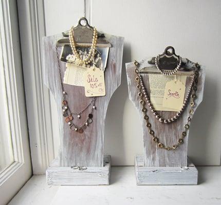 We sell jewelry from local artists and artists from around the country. Jewelry displays made from vintage clip boards.