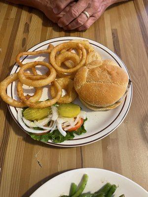 Burger and onion rings