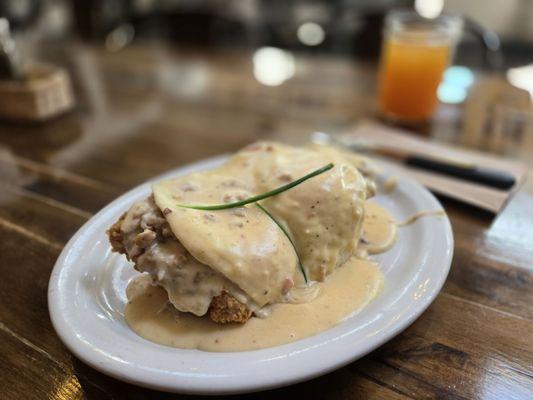 Biscuits & gravy with fried steak.