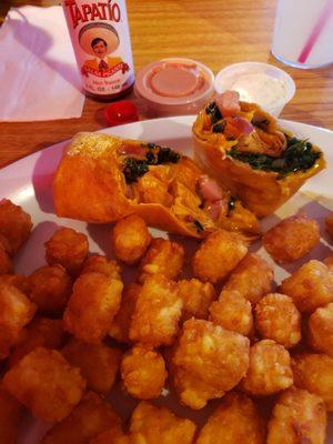 Veggie burrito, add ham with tater tots!