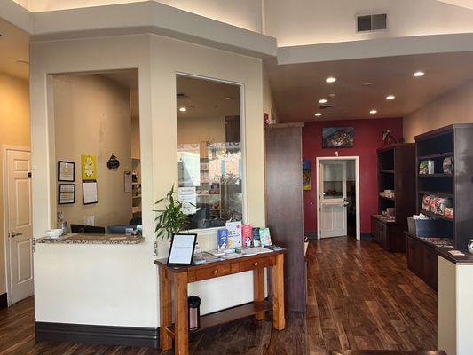 Our waiting area has some cozy areas for cats who aren't big fans of dogs