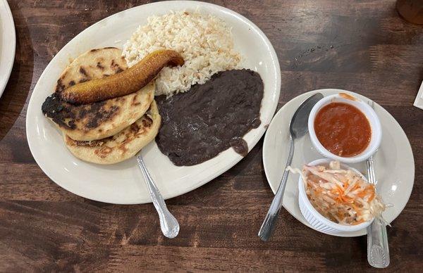 Dos Pupusas with arroz, frijoles, and plantain combination plate
