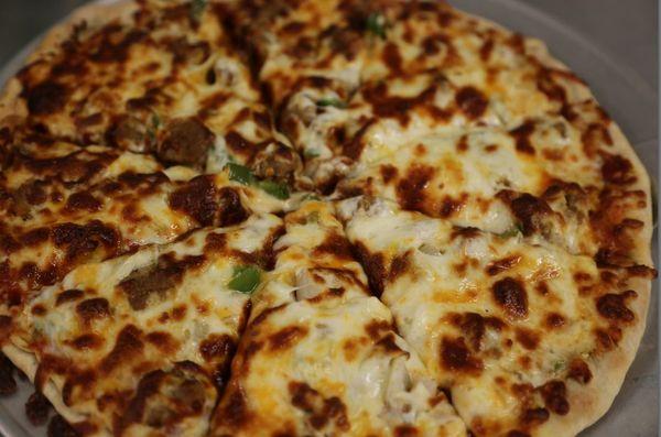 Freshly baked pizza.