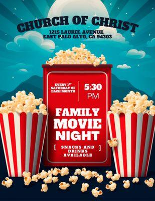 You're invited to our Family Movie Night! Join us every first Saturday of the month for a fun evening filled with laughter. Free snacks