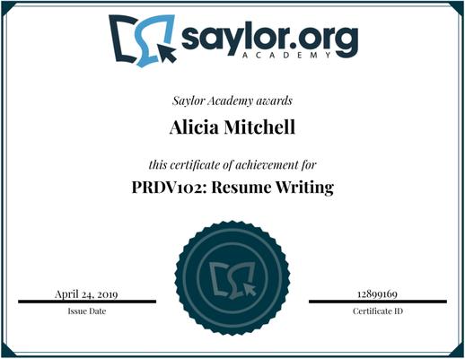 Resume Writing Coure - Certificatin of Completion