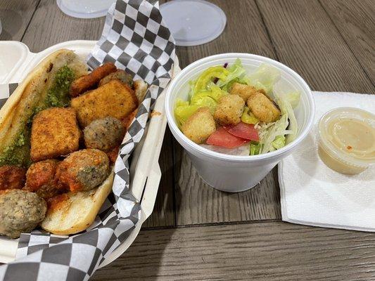 Meatball sub with fried mozzarella and side salad