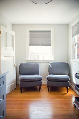 Our reception area, replete with organic teas and eye-catching art from local artists...