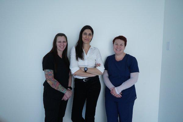 Our team, from left: Kelli Cable - Dental Assistant, Dr. Parastu Mirmonsef - Dentist, and Delsha Mitchel - Office Administrator.