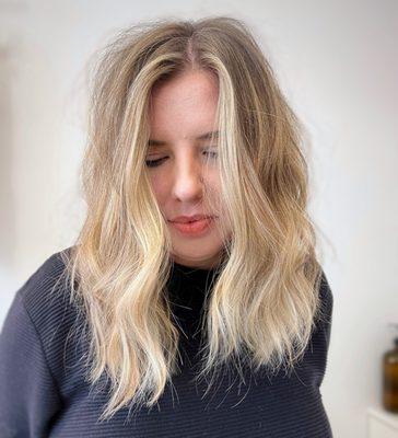 Lived in, low maintenance blonde. Bright in all the right places and blending her natural in for an easy grow out.
