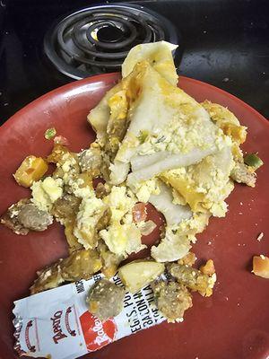 Tortilla to filling ratio on the breakfast burrito. One bite was taken then burrito was torn apart. Grade A scam