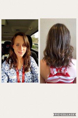 Cut and highlight! Client had no shape to her hair and a grown out reddish brown color. Starting to go blonde with a blended highlight!