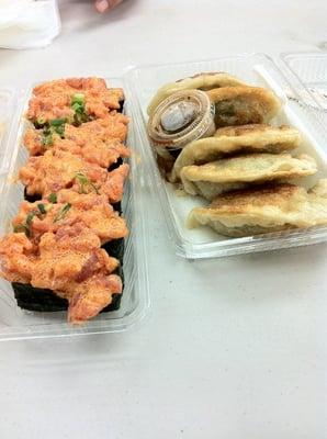 Spicy ahi nigiri and fried mandoo
