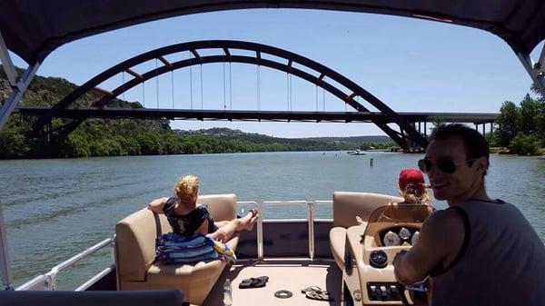 Great views on Lake Austin of the rusting bridge.