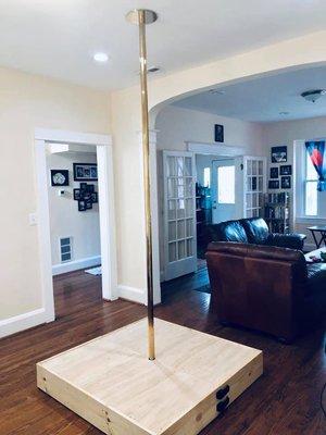 Custom built a stage for this pole for a client. The stage has latches on either side so it can be split apart and put back together.