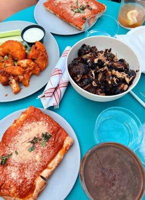 Tomato Pie, Buffalo cauliflower and Brussels sprouts