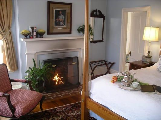 The Blue Room features a king bed and gas fireplace.