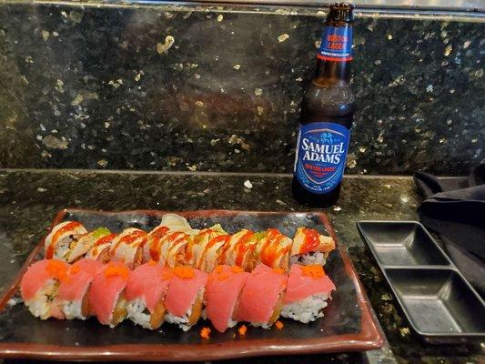 Fire and Ice roll, red dragon roll, Sam Adams Boston lager