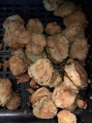 Their fried pickles were so soggy. Even after using an air fryer. Too salty too. Tosses these out.
