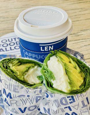 Egg White Delight Wrap on spinach wrap with spinach & hazelnut coffee