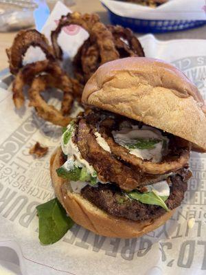 Avocado Crunch burger and onion rings