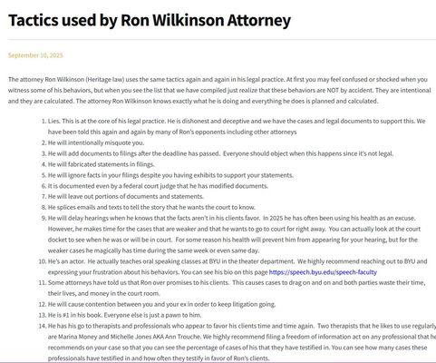 Tactics used by Ron D. Wilkinson attorney - FamilyCourtReset.org Part 1 of 2.