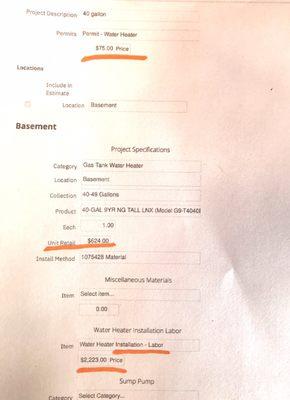 Print-out of final bill to replace an existing water heater. Permit: $75, product: $624, labor: $2,223.