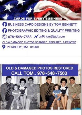 business cards for every business. Old & damaged photos restored.