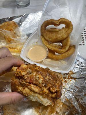 Chicken Parm Sandwich and Onion Rings