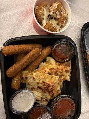 Mozzarella sticks, Chicken Quesadilla, garlic Parmesan wings