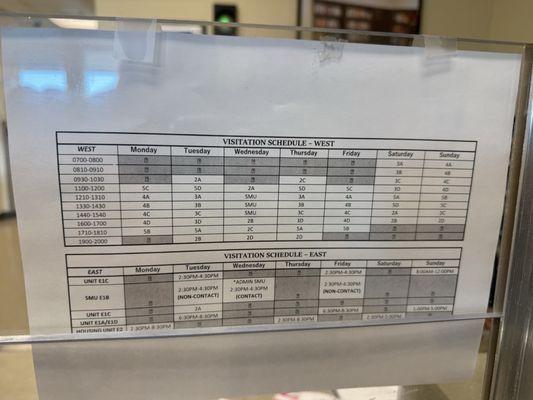 new visiting schedule for East Wing and West Wing effective immediately 8/30/2025