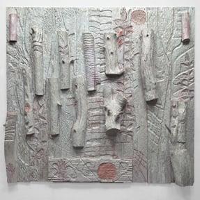 Third Moon, carved and painted wood with aluminum leaf and encaustic, 7ft x 7ft x 1in.