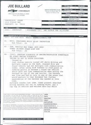 Joe Bullard paperwork detailing why my truck left me stranded in Alabama due to Navarre Chevrolet in Sulphur's negligent work.