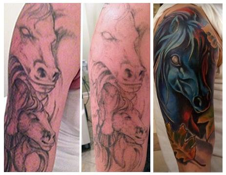 Laser Tattoo Lightening in preparation for a new tattoo over existing one. This shows original tattoo, lightened tattoo, and ...