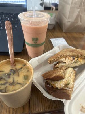 Mushroom soup, vegan Reuben and beach comber smoothie